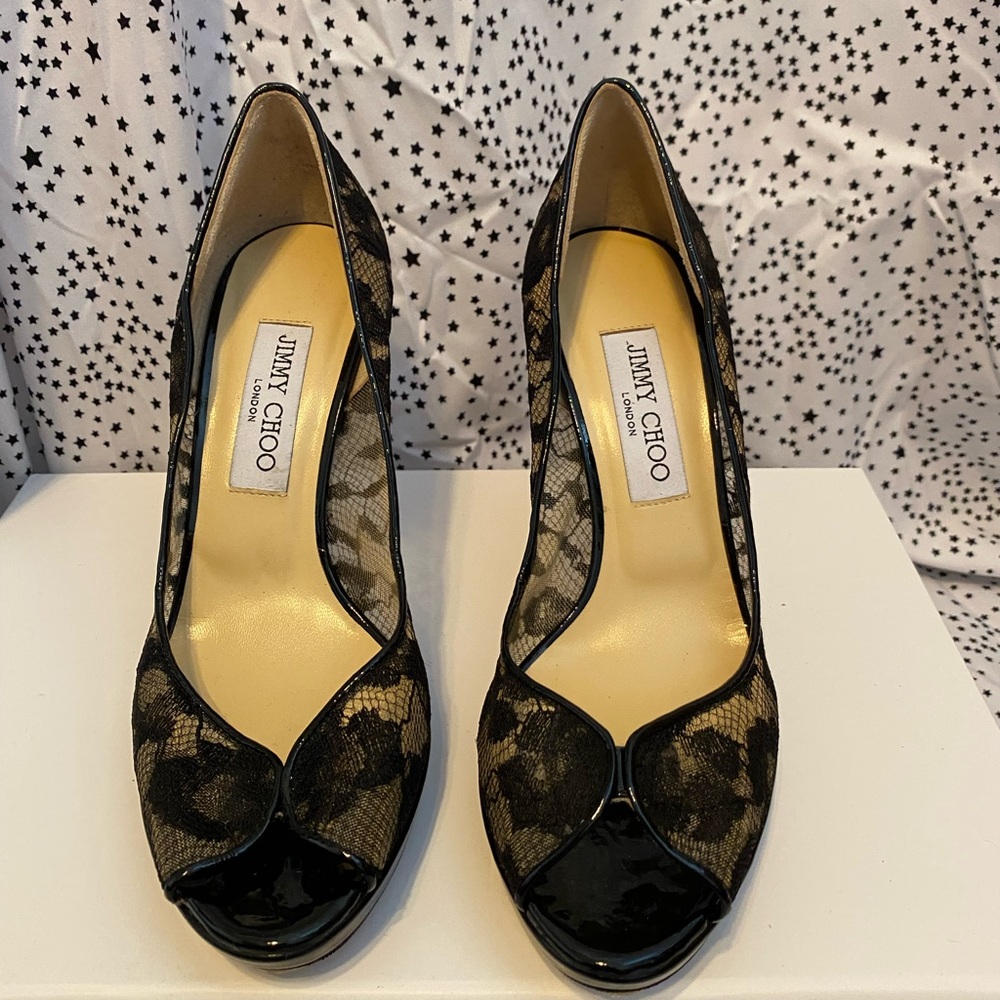 Jimmy Choo Black and Gold Lace Heels